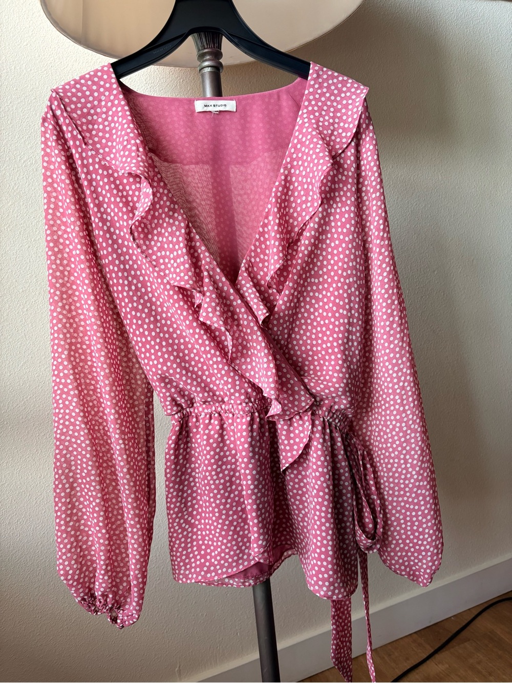 Max Studio Pink Polka Dot Ruffle Wrap Blouse Size M